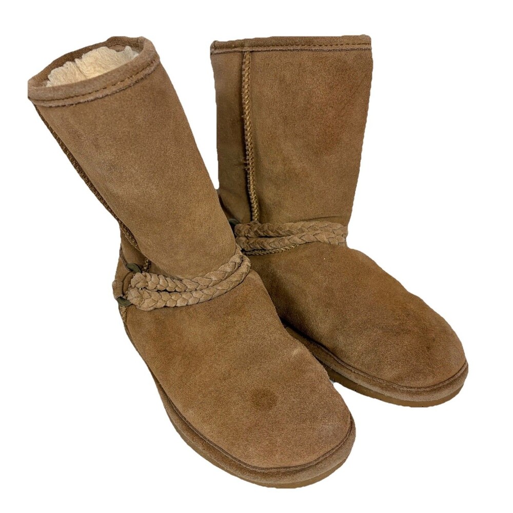 Bear paw Slip On Mid Calf Boots Sherpa Lined Brown Suede Womenโs Size 8
